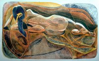 paysage nu  'Nude / Landscape'  - image size 33 x 56 cm - 3 etched and aquatinted zinc plates, proofed in 3 colours in relief on Saunders Waterford 180 gsm paper.  The basis of a number of collage variations.