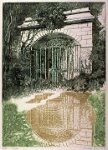 Ancien Portail  'Largie - old gateway to garden' - image size 44 x 28 cms - 1 plate proofed in relief in 3 colours with embossing, and reflection made by rolling offset image over embossing. Printed on Saunders Waterford 180 gsm paper.