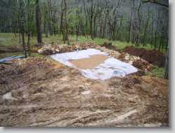 The geotextile was wrapped over the gravel covering the piping and then covered with soil.